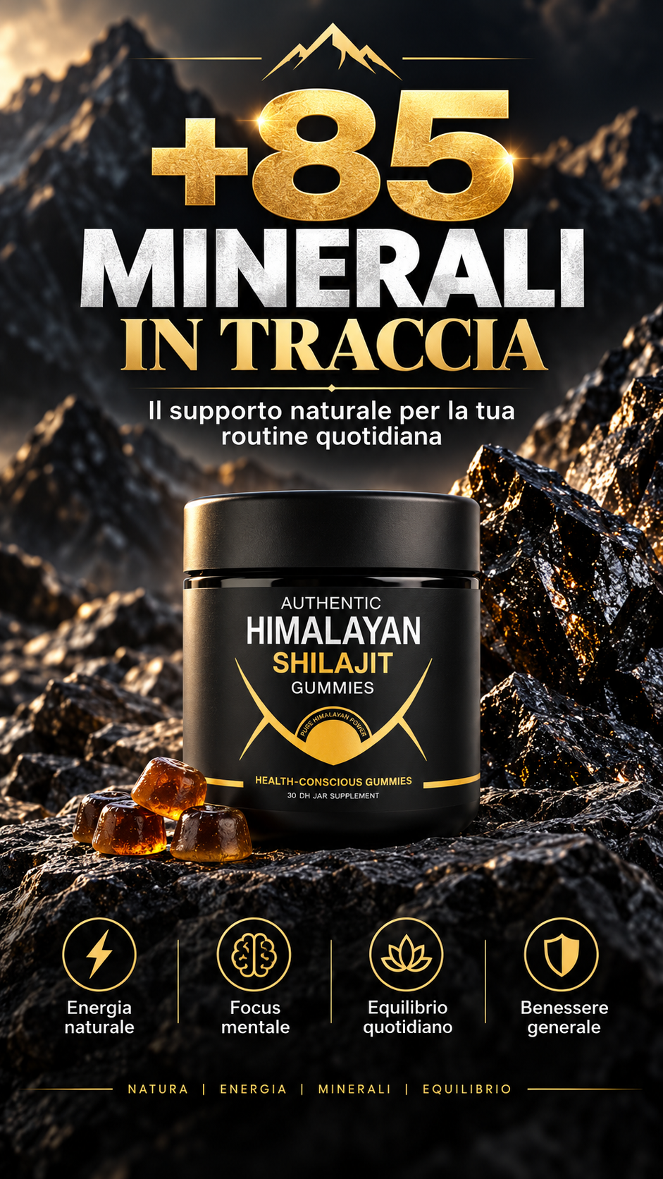 Caramelle Gommose di Shilajit 100% Puro dell'Himalaya (Confezione da 60 Gommose)
