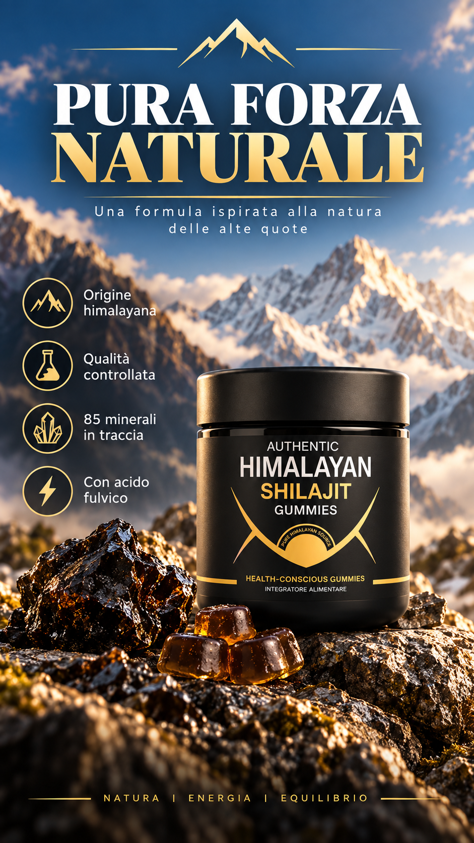 Caramelle Gommose di Shilajit 100% Puro dell'Himalaya (Confezione da 60 Gommose)