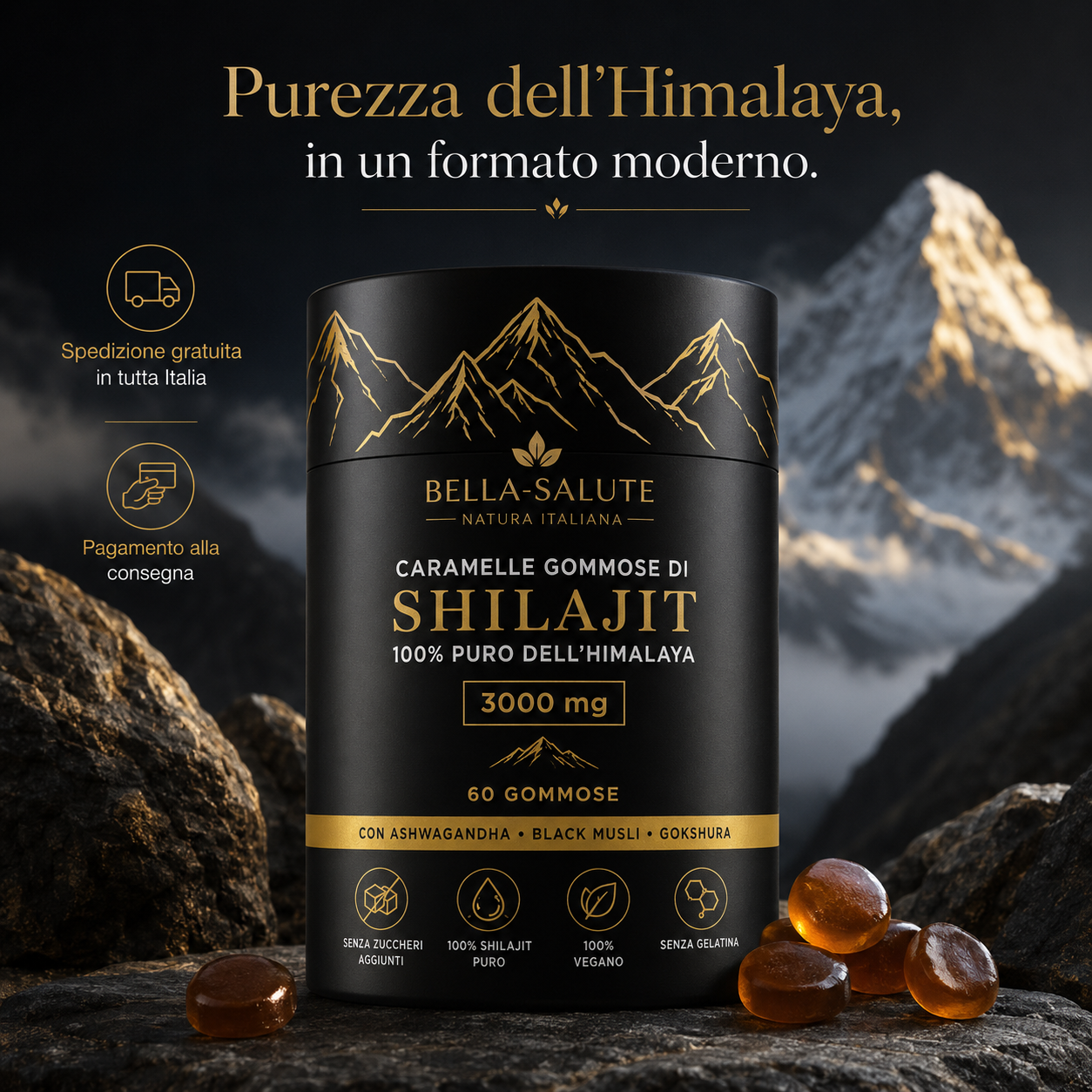 Caramelle Gommose di Shilajit 100% Puro dell'Himalaya (Confezione da 60 Gommose)