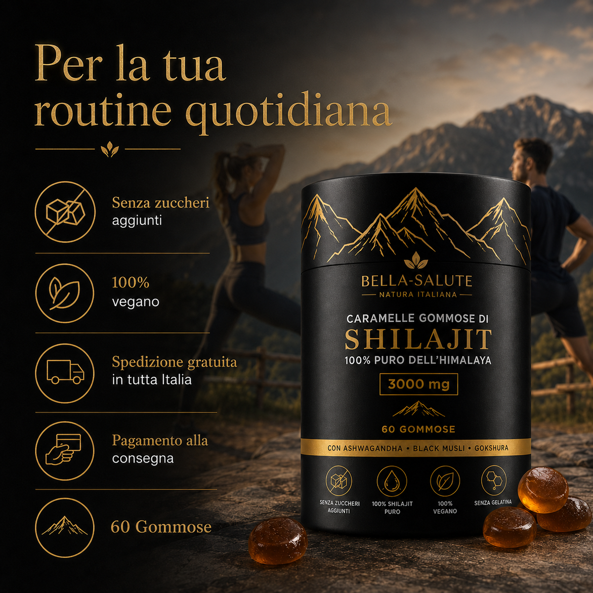 Caramelle Gommose di Shilajit 100% Puro dell'Himalaya (Confezione da 60 Gommose)